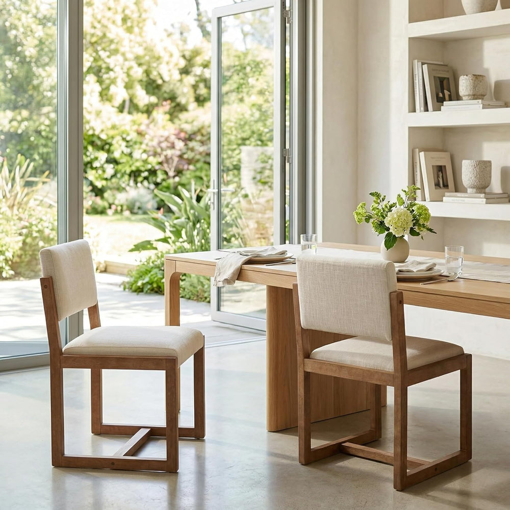 DUOMAY Mid-Century Linen Dining Chairs Set of 2, Beige | Modern Upholstered S...