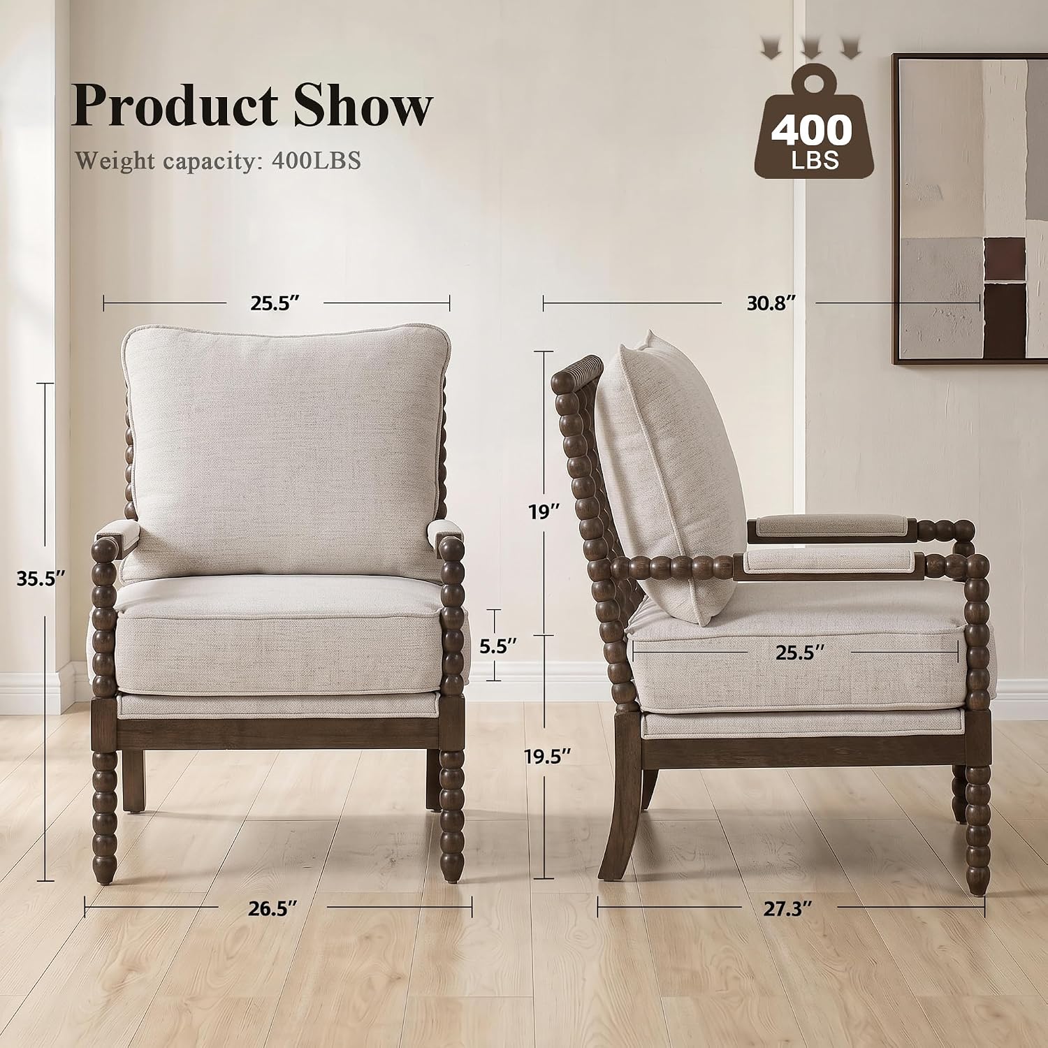 DUHOME Chenille Fabric Spindle Accent Chair Set of 2,Bobbin Chair with High Resilience Spring Cushion and Armrest Pads, Leisure Armchair for Living Room Bedroom Farmhouse Home Office Belcony