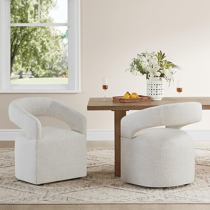 Upholstered Dining Chairs with Casters, Modern Barrel Side Armchair with Rollers for Dining Room, Bedroom, Kitchen, Reading Room, Beige, Set of 2
