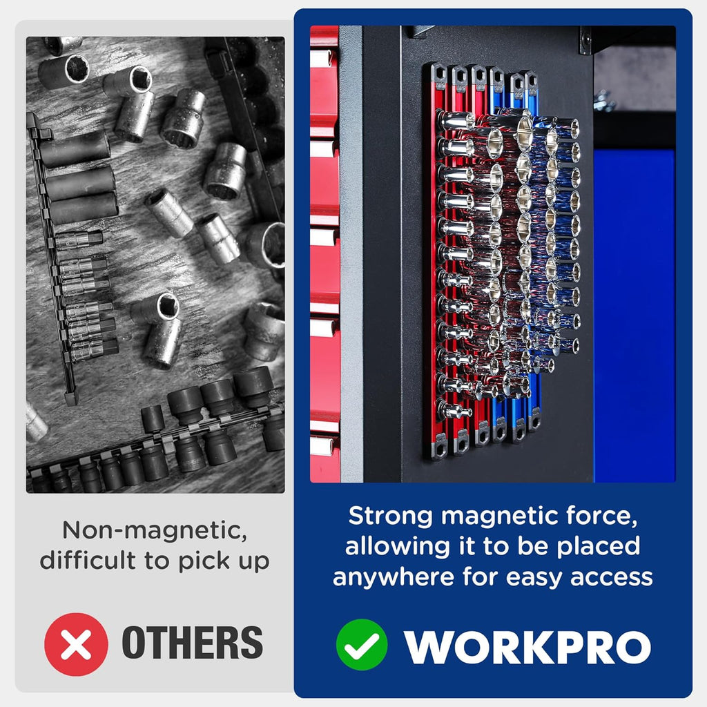WORKPRO Magnetic Socket Organizer - 6-Piece Aluminum Alloy Socket Rail, Heavy Duty Socket Holder - Set: 1/4-Inch x 12 Clips, 3/8-Inch x 10 Clips, 1/2-Inch x 10 Clips