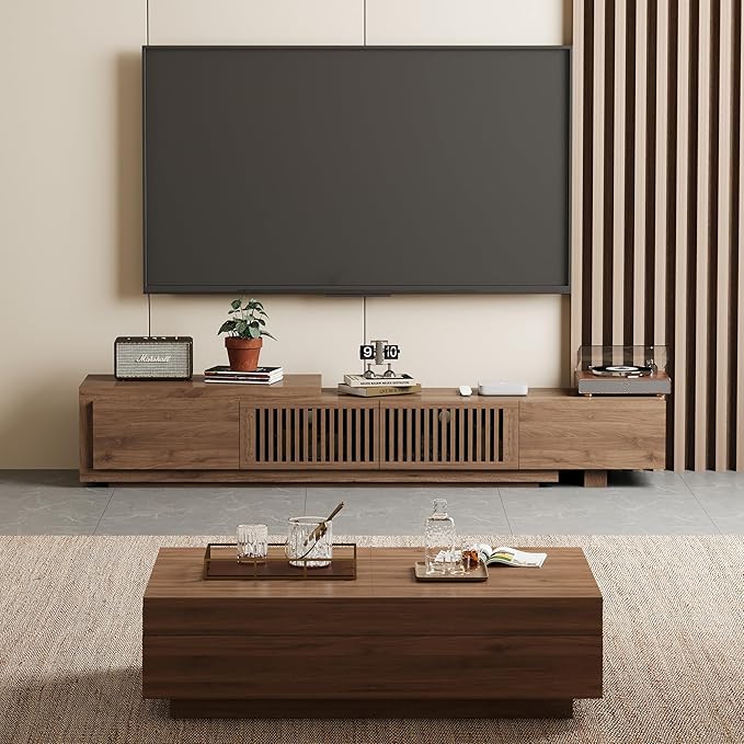 Mid-Century Style TV Stand 94.48", Entertainment Center for TVs up to 70"-90" with 4 Storage Cabinets, Walnut Media Console for Living Room or Bedroom (78.54"-103")
