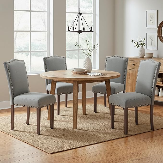 COLAMY Grey Upholstered Parsons Dining Chairs Set of 6,Comfortable Foam Seat, Classic Nailhead Trim, Solid Wood Legs, Stable & Easy to Assemble for Dining Room, Kitchen, Living Room & Café