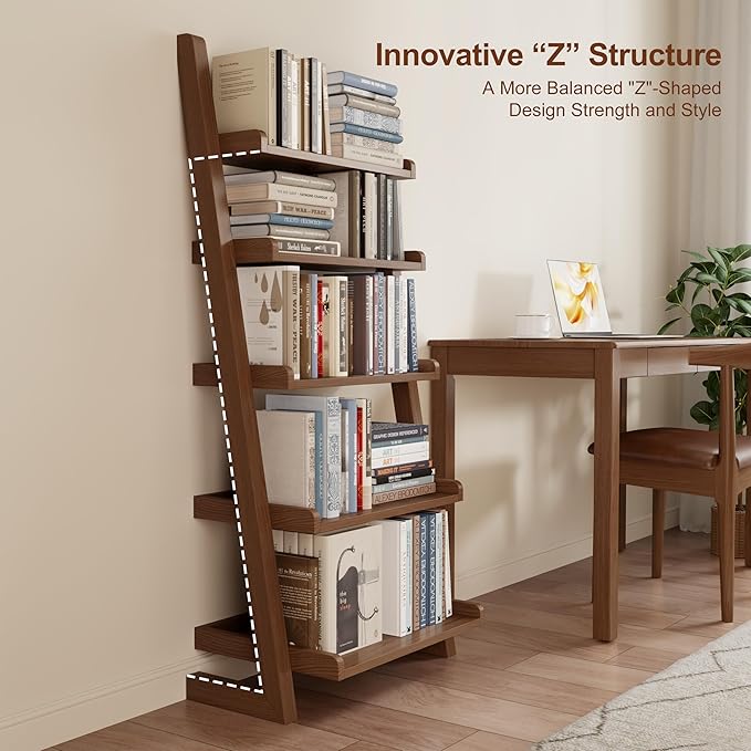 Walnut Wooden Ladder Shelf with Edges, 5-Tier Modern Leaning Bookshelf Ladder – Stylish Space-Saving Bookcase for Living Room, Bedroom & Home Office