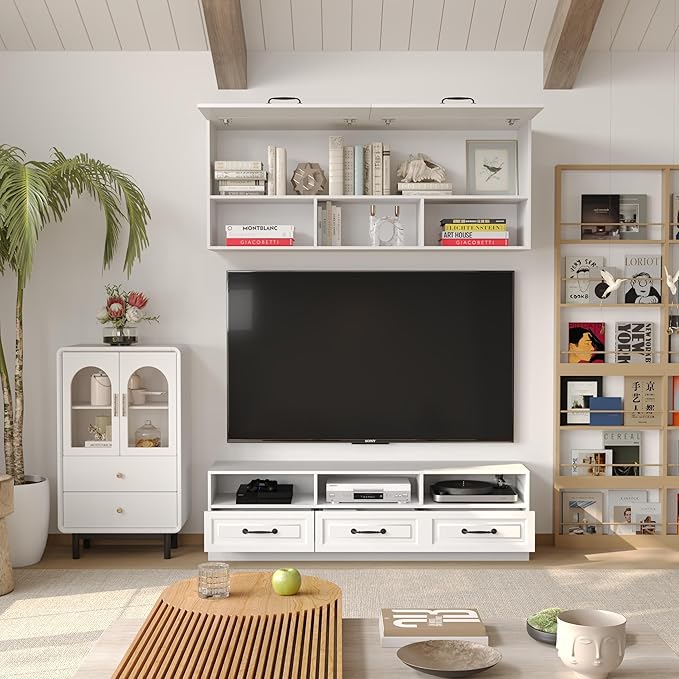 2 Piece Entertainment Center with Storage, Includes 70" TV Stand with Shelves & Drawes, Wall Display Cabinet, Modern TV Console for Living Room, White (Modern White)