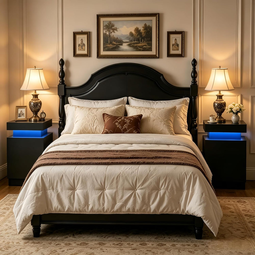 Black Nightstands Set of 2, LED End Table for Bedroom, Modern Bedside Table w...