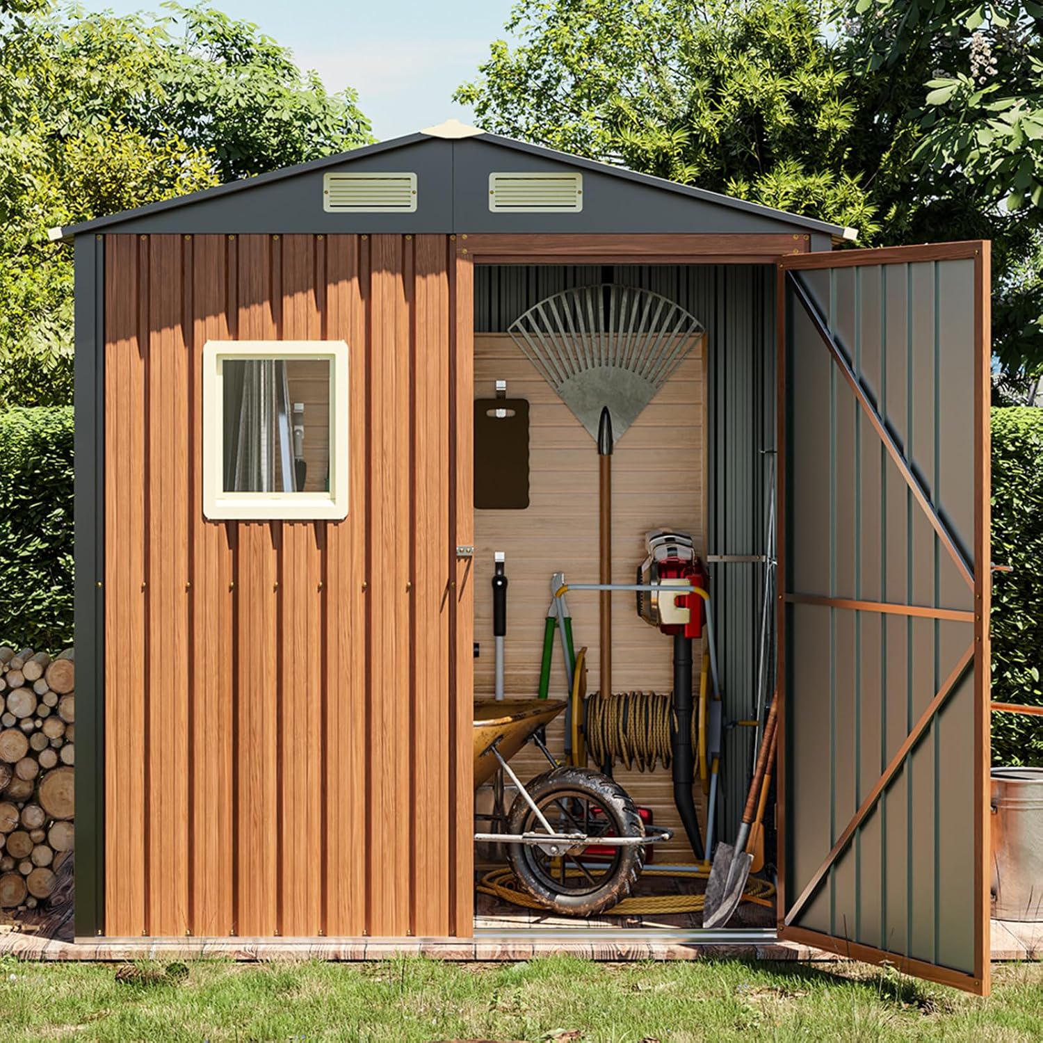 6x4 Ft Outdoor Metal Shed, Storage Garden Shed with Triple Lockable Doors & Vent, Multi-Used Shed for Backyard, Patio, Lawn and Tool & Bicycle Storage