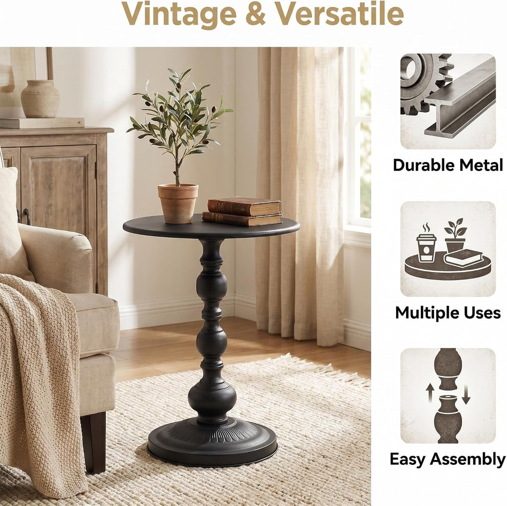End Table, Set of 2, Pedestal, Metal, Black, for Living Room & Small Spaces | Vintage Black Metal Accent End Tables for Living Room, Small Round Drink Tables for Sofa Bedside Corner Small Spaces
