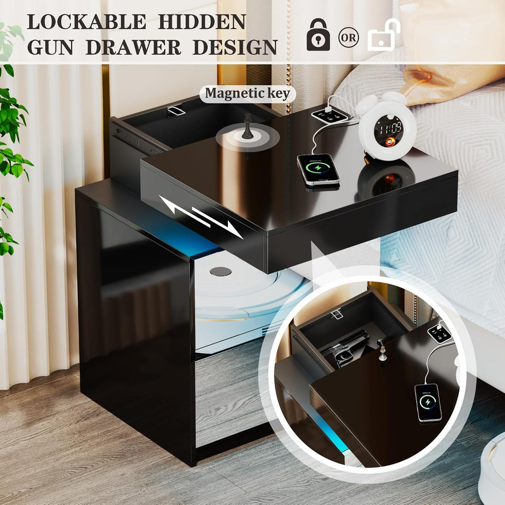 LED Nightstand - Bedside Table with Charging Station and 2 Mirrored Drawers S...