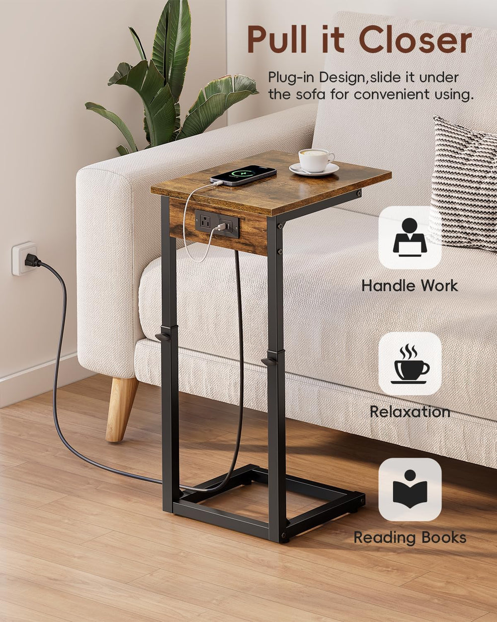 Vagusicc C Shaped End Table with Charging Station, 33"Tall Side Table fo...