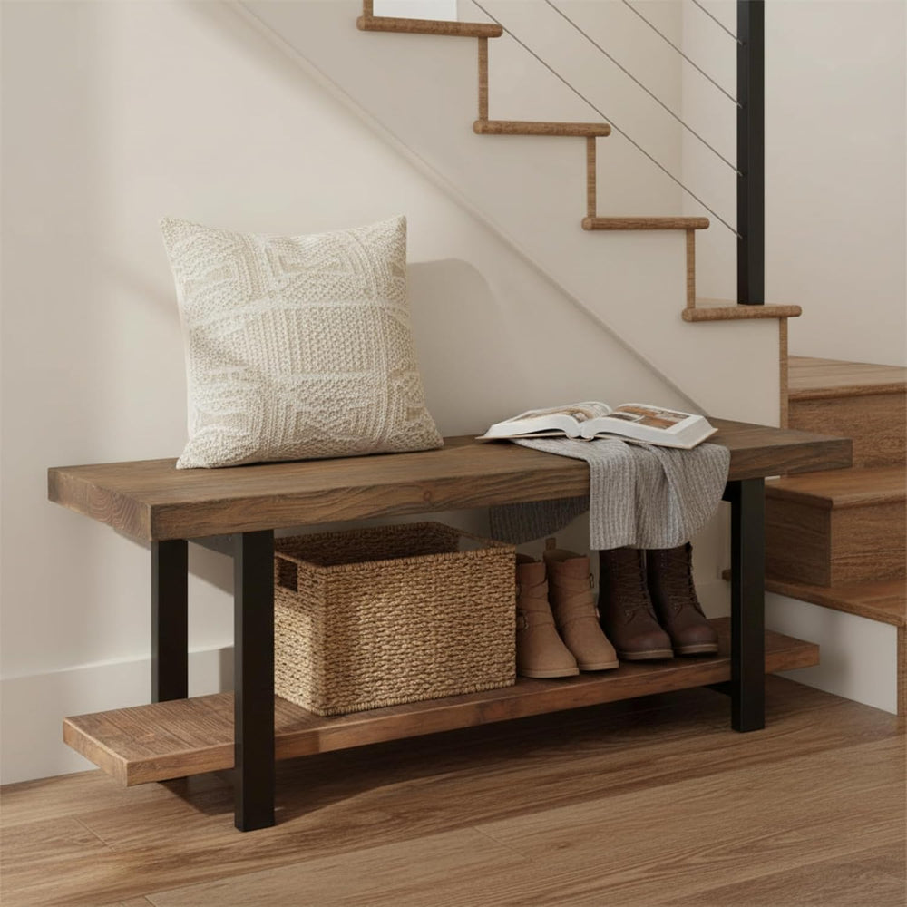 Pomona Solid Wood Entryway Bench with Shoe Rack, Rustic Brown, 48 Inch | Mode...