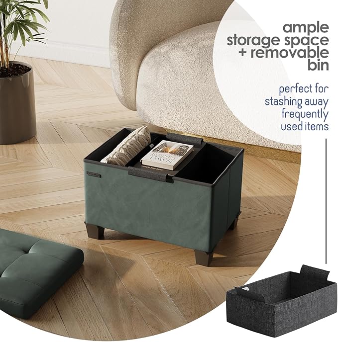 STORAGEBUD Storage Ottoman Cube with Small Bin, 16-in Square Ottoman with Storage for Living Room and Bedroom, Small Ottomans Foot Rest, Faux Leather Foot Stools Ottomans Max 330lbs, Green