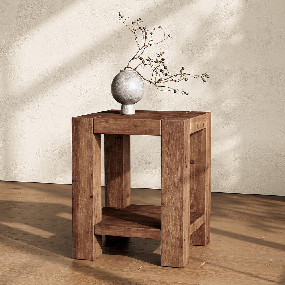Solid Wood Side Table Set of 2, Farmhouse 2-Tier End Tables with Storage Shel...