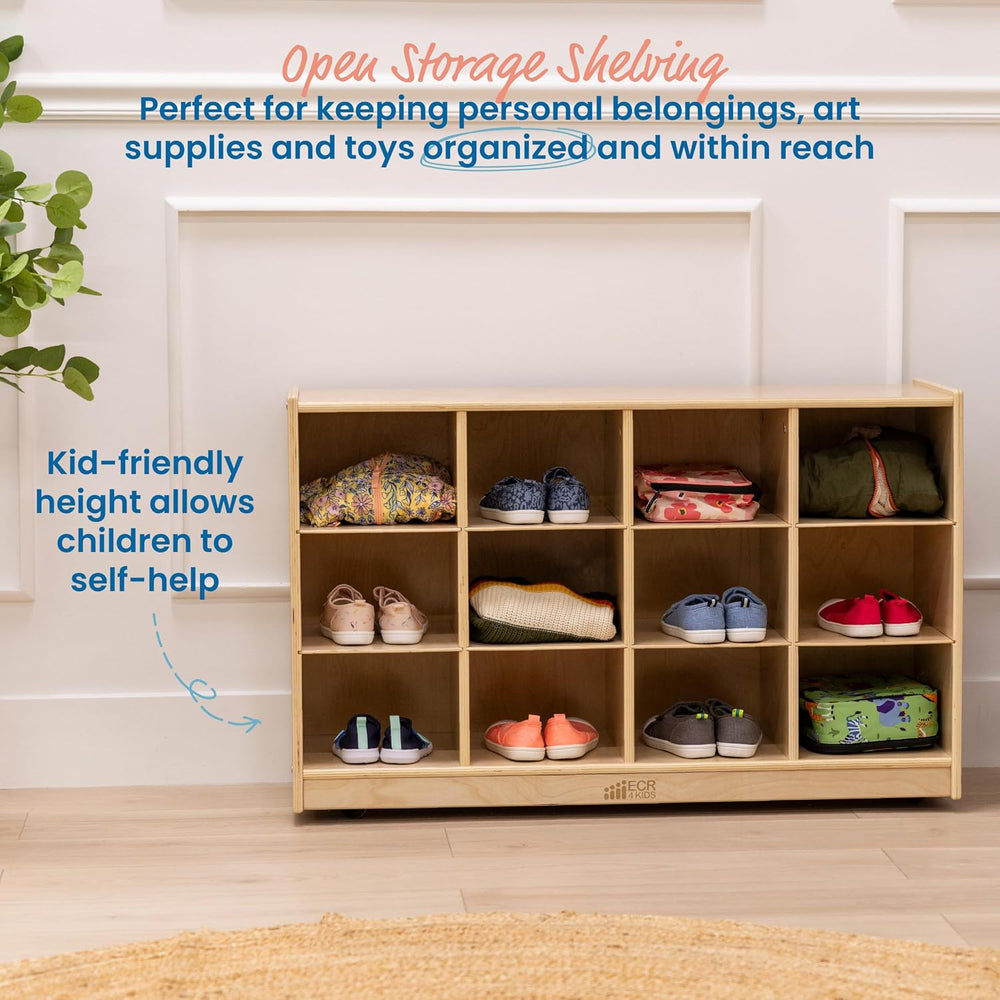 ECR4Kids 12 Cubby Mobile Tray Storage Cabinet, 3x4, Classroom Furniture, Natu...