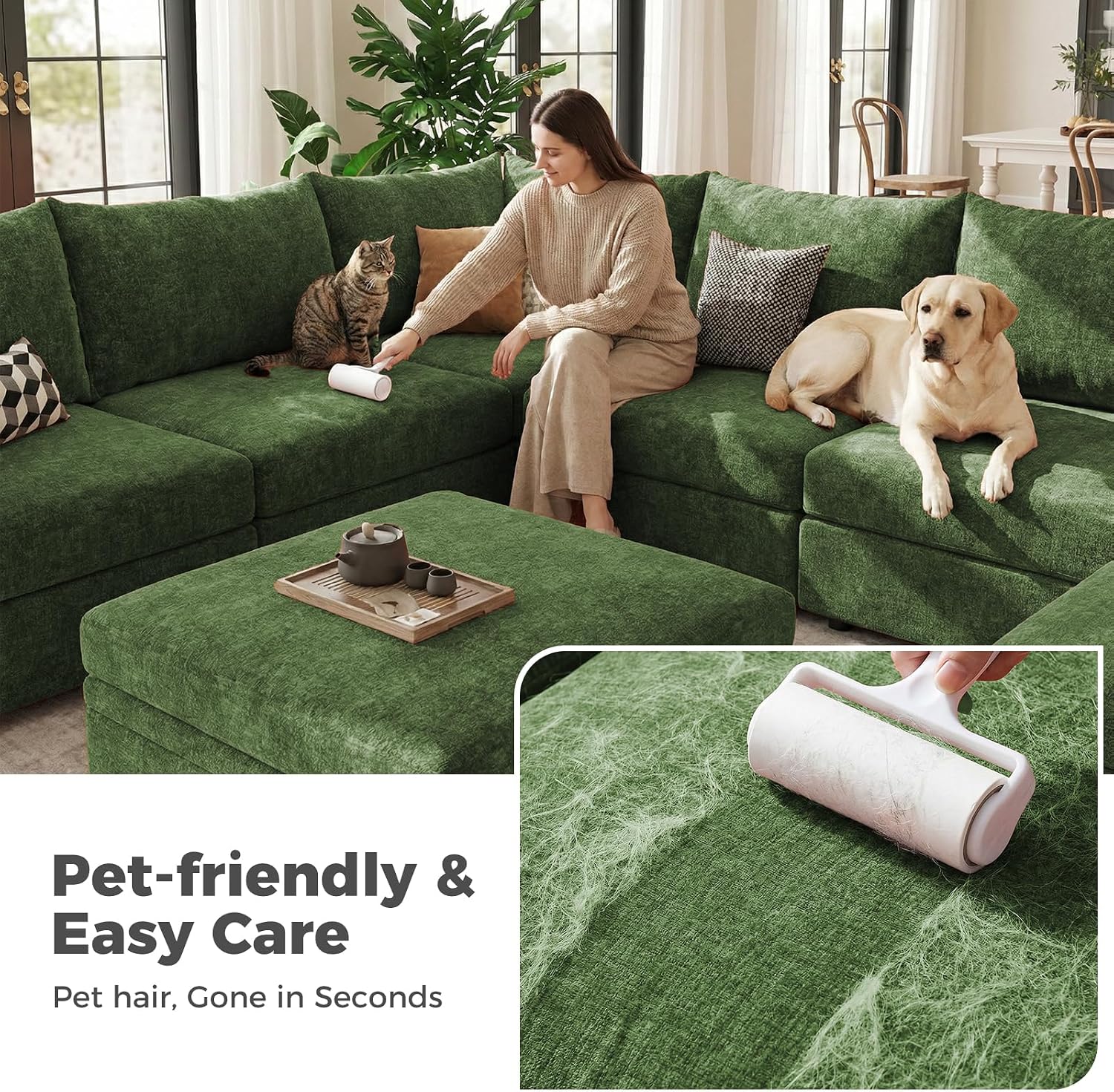 102.6" L Shaped Modular Sectional Sofa with Washable Chenille Cover, 4 Seater Deep Seat Couch with Storage Ottoman & Reversible Chaise for Living Room, Pet-Friendly, Green