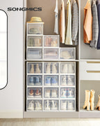 SONGMICS Shoe Boxes, Pack of 18 Shoe Storage Organizers, Stackable Clear Plastic Boxes for Closet, Sneakers, 13.7 x 9.9 x 7.4 Inches, Transparent and White ULSP18MWT