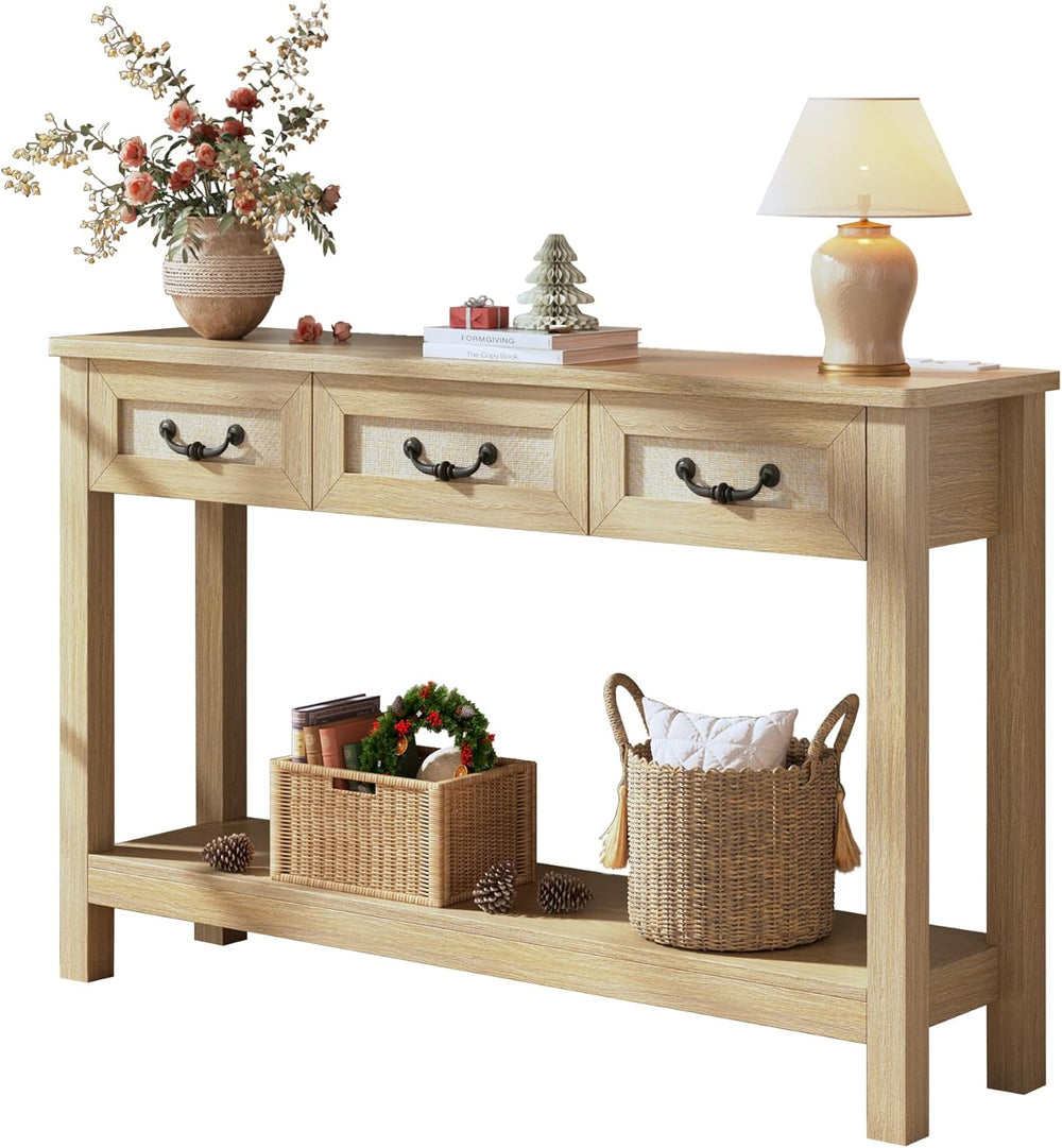 HUAHUU 47.2" Console Table with 3 Rattan Drawers, Long Sofa Table with S...