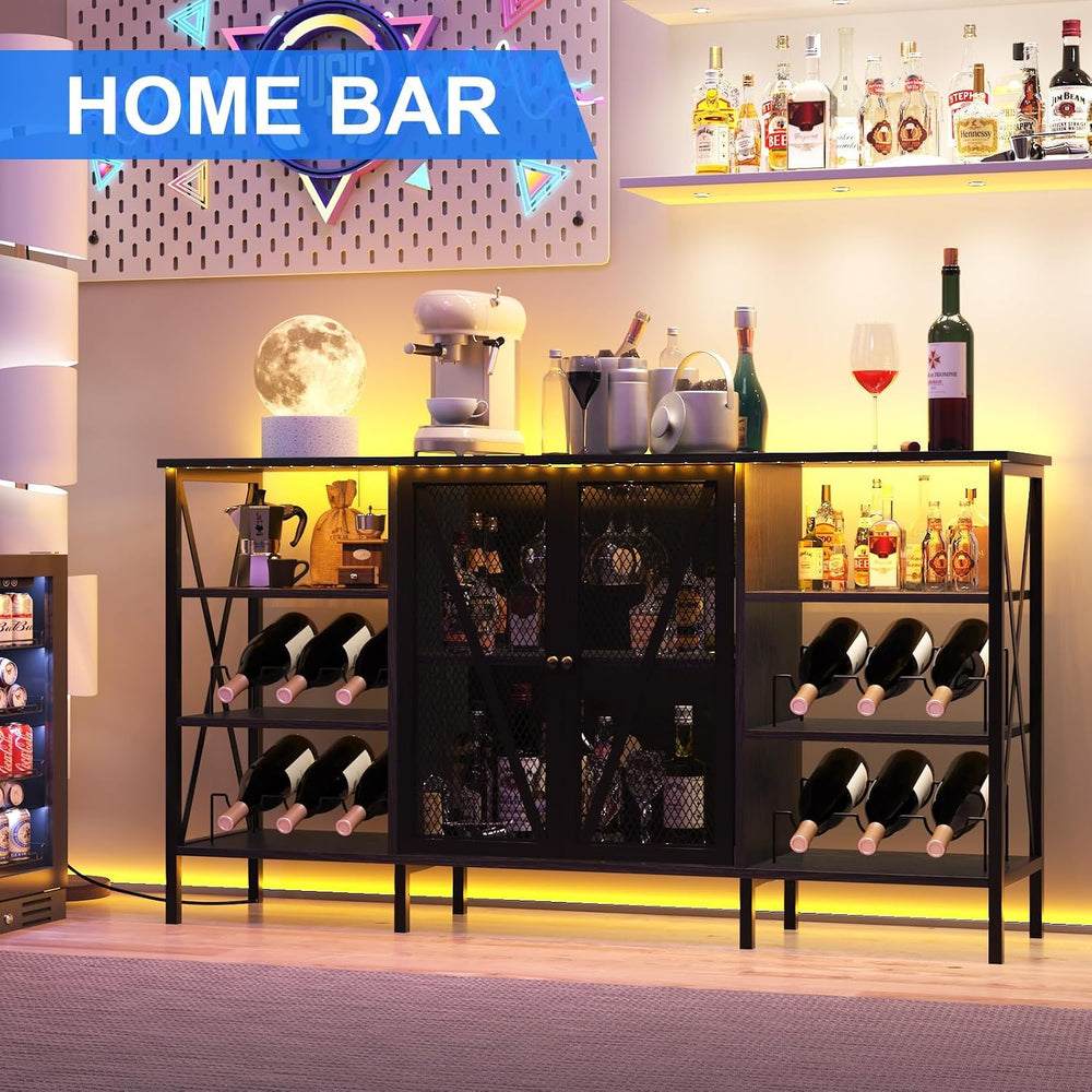 Wine Bar Cabinet with Doors, 55" Freestanding Iron Metal Sideboard Buffe...