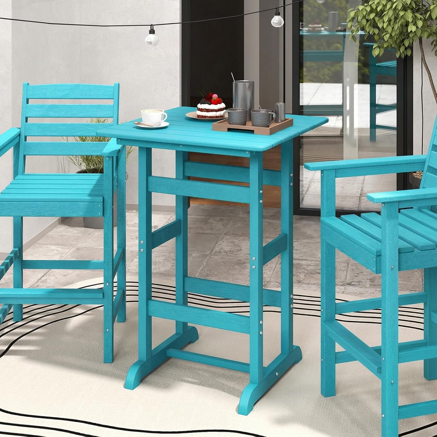 Giantex 42" Height Outdoor Tall Bar Table, HDPE Square Pub Table with Wood Grains, Cocktail High Top Tables for Adirondack Chairs, Patio, Bistro, Garden, Poolside, Yard, Balcony, Turquoise