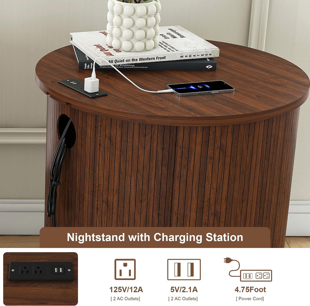 Walnut Nightstand Set of 2 with Charging Station, Mid-Century Round | Each ta...