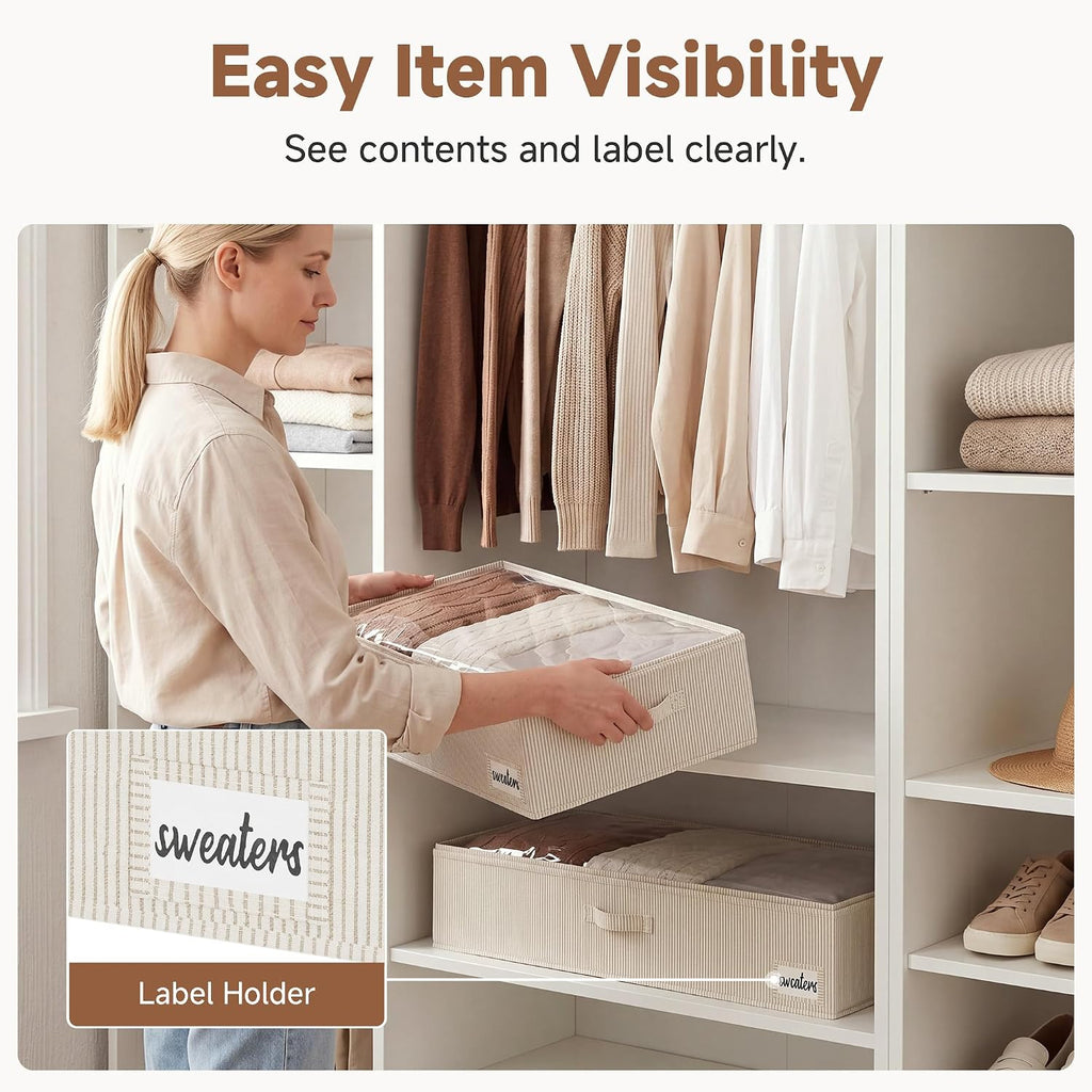StorageWorks Large Under Bed Storage Containers with Handles and Label Holder, 2 Pack Ultra-thick Fabric Underbed Bins, Brown and White Stripes