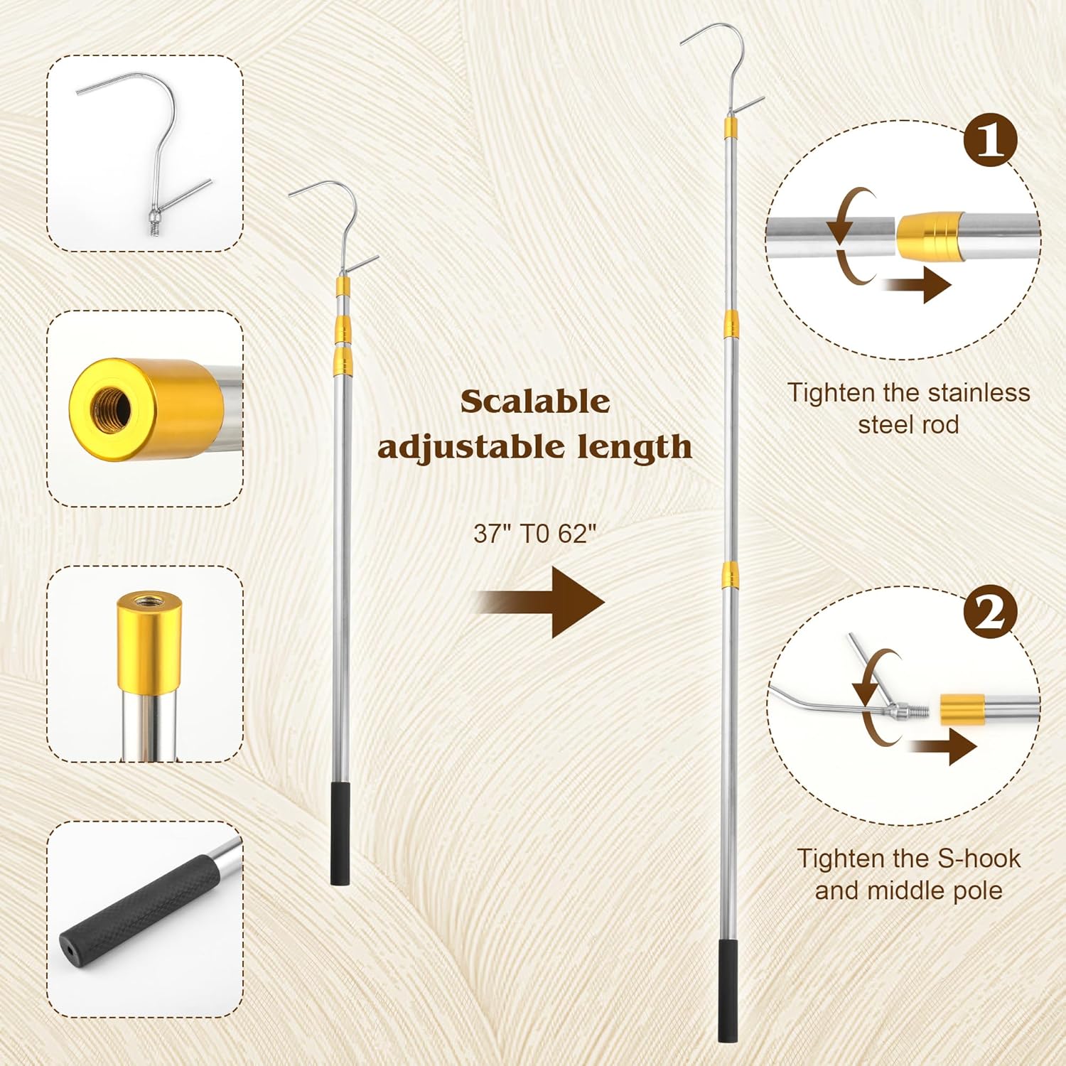 Clothes Hook Rod, 27-62 Inch Long Telescopic Rod, Stainless Steel, S-Shaped Hook, Tension Mounted