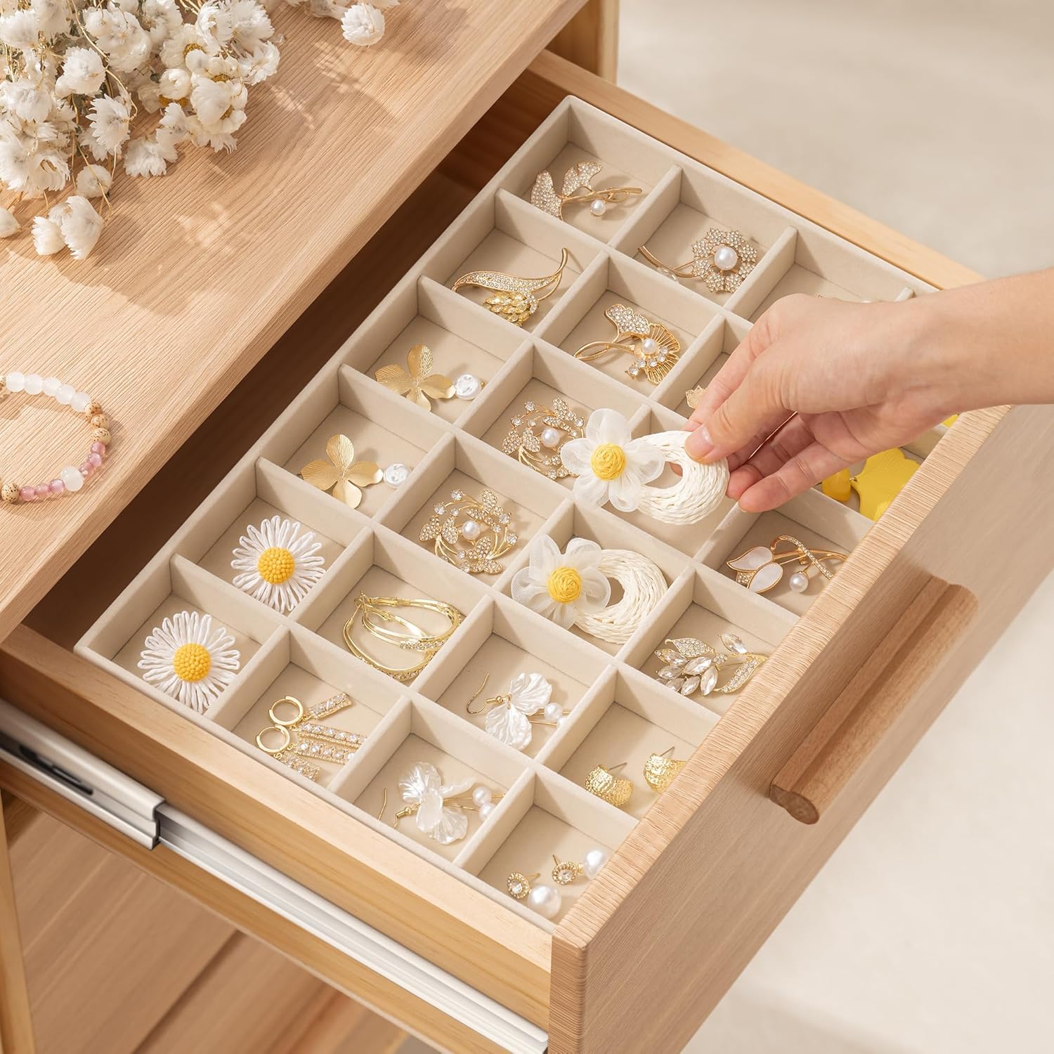 pickpiff Drawer Jewelry Organizer & Display Trays: 2pcs 24grid Velvet Stackable Jewelry Case (13.8x9.4x1.2inch) - Soft Beige Ring Storage Bracelet Holder Earring Box