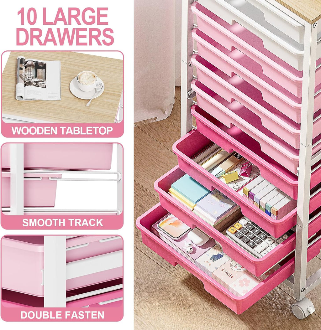 Rolling Cart with Drawers,10 Drawer Rolling Cart,Storage Cart,Utility Cart,Teacher Cart for Classroom Storage,Craft Cart with Wheels and Wooden Tabletop,Pink