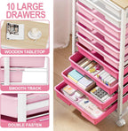 Rolling Cart with Drawers,10 Drawer Rolling Cart,Storage Cart,Utility Cart,Teacher Cart for Classroom Storage,Craft Cart with Wheels and Wooden Tabletop,Pink