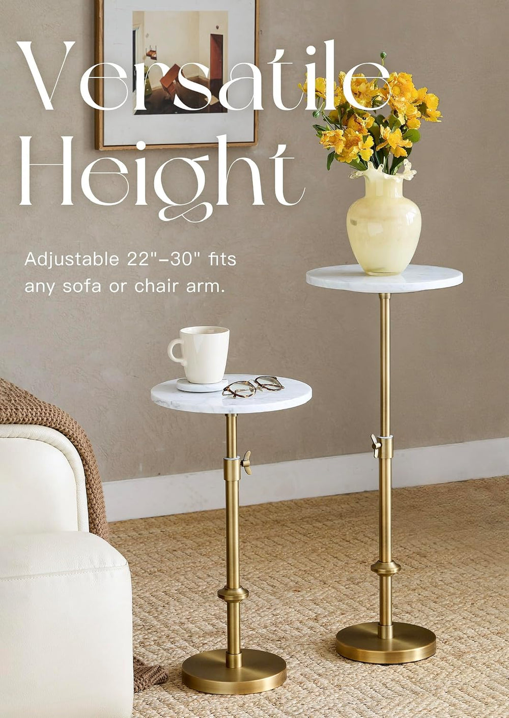 Adjustable 12" White Marble Drink Table with 2 Coasters, Antique Brass⁠ ...