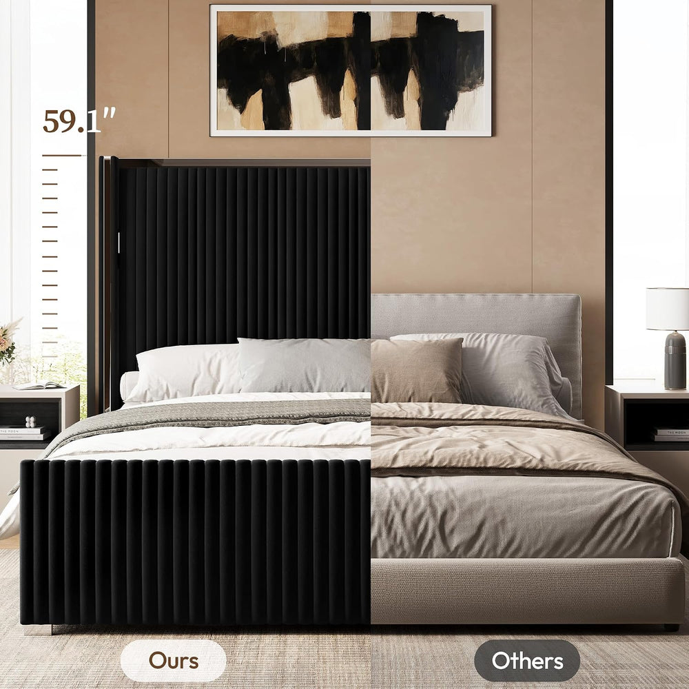 Belffin Queen Size Bed Frame with 59'' Tall Headboard, Velvet Bed, Black