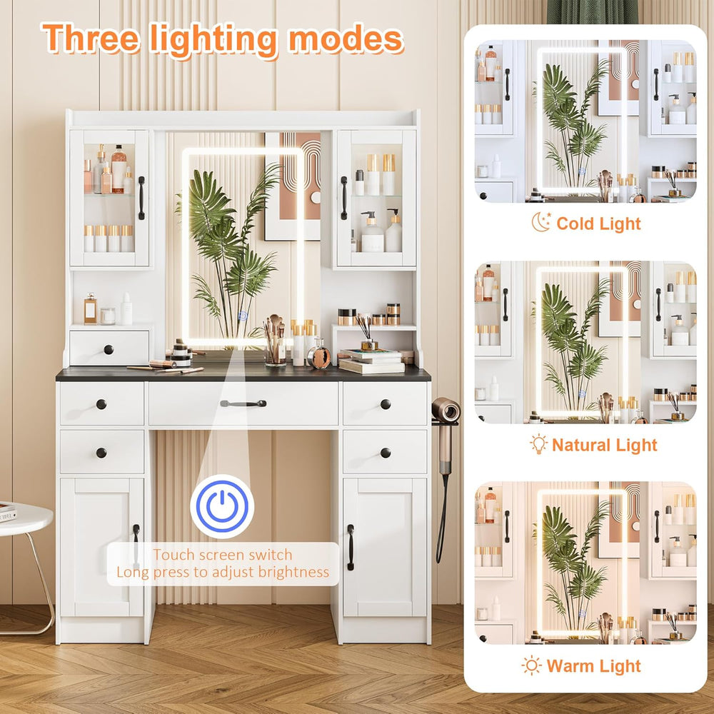 NUNU LAB Large Vanity Desk with Mirror and Lights | 7 Drawers & 4 Cabinet...