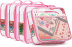 4 Pack Clear PVC Zippered Toy Storage Bags for Toy, Kids Toy, Building Blocks, Puzzle, Clay, Board Game Storage Organizer Travel Waterproof Toy Bag With Name Tag Pocket (Pink, Samll)