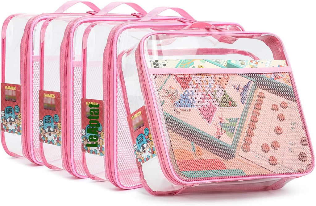 4 Pack Clear PVC Waterproof Toy Storage Bags with Name Tag Pockets - Zippered Organizer for 2x4 Building Blocks, Puzzles, Travel Toiletries, Kids Room Organization, With Name Tag Pocket (Pink, Large)
