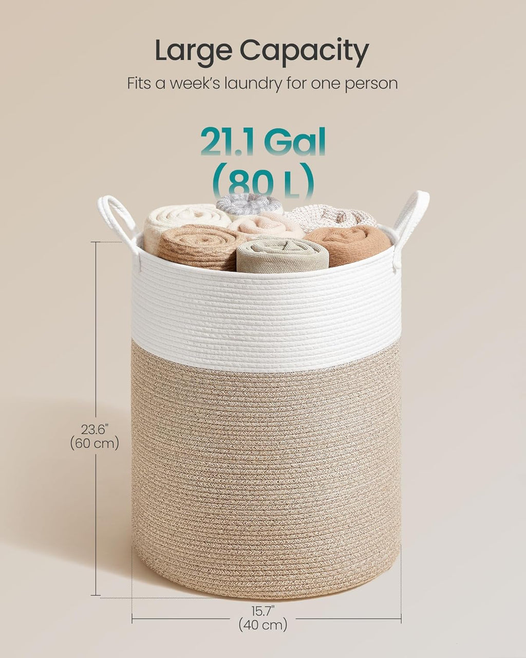 SONGMICS Laundry Hamper, Cotton Rope Laundry Basket with Handles, for Children, Toys, Clothing, Living Room, Bedroom, 21.1 Gallons, 15.7 x 15.7 x 23.6 Inches, White and Grayish Brown URLH062LZ01
