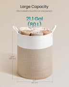 SONGMICS Laundry Hamper, Cotton Rope Laundry Basket with Handles, for Children, Toys, Clothing, Living Room, Bedroom, 21.1 Gallons, 15.7 x 15.7 x 23.6 Inches, White and Grayish Brown URLH062LZ01