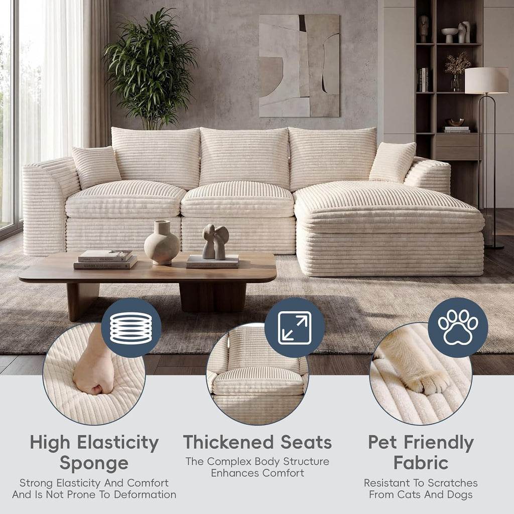 106" Modular Cloud Sofa L-Shaped, Boneless Deep Seat Sectional with High-Density Foam, Washable Corduroy Fabric, No Assembly Required for Living Room Apartment, Beige