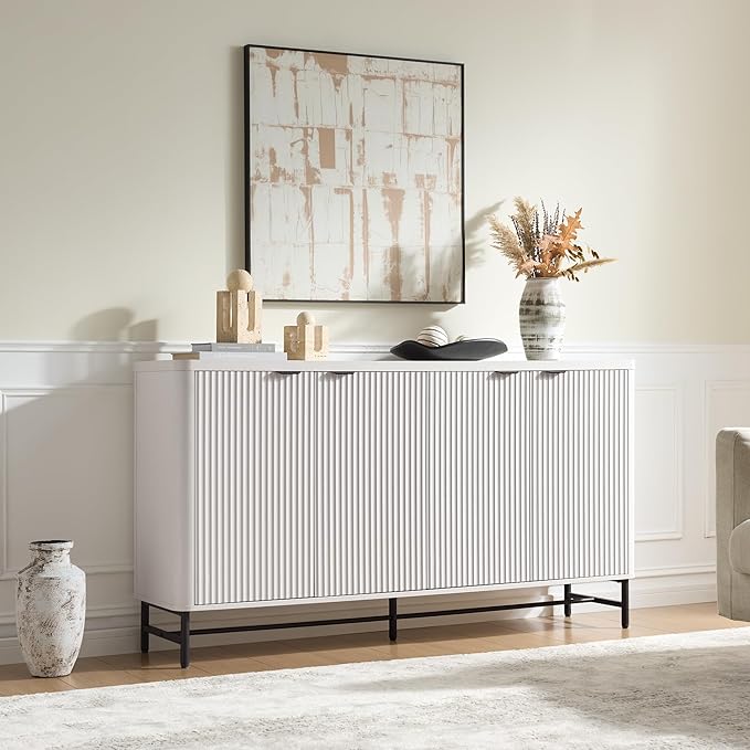 65" Large Sideboard Buffet Cabinet with Storage, Set of 2 Modern Fluted Credenza Accent Coffee Bar Console Tables with Doors & Adjustable Shelves for Living Room or Hallway, White