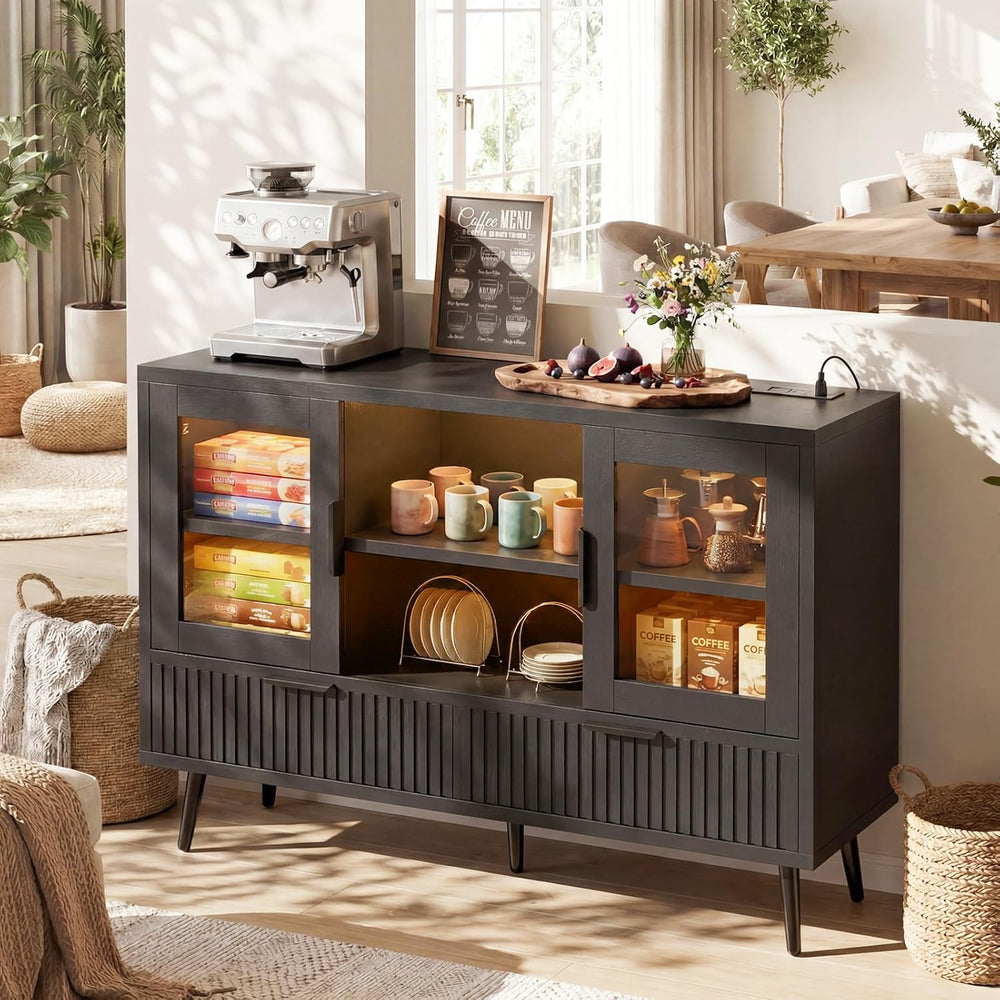 44" Sideboard Buffet Cabinet with Storage, Smart LED Lights Coffee Bar C...
