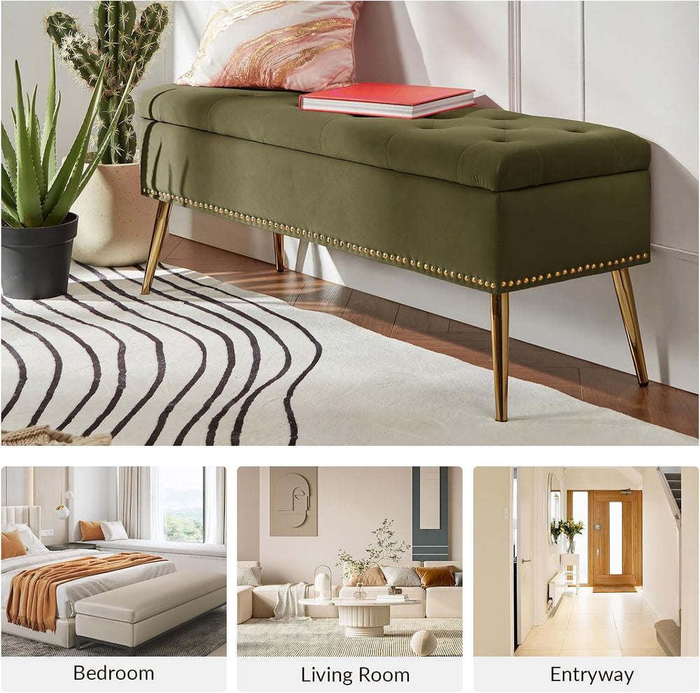 HULALA HOME Modern Velvet Storage Ottoman Bench with Gold Base & Nailhead...