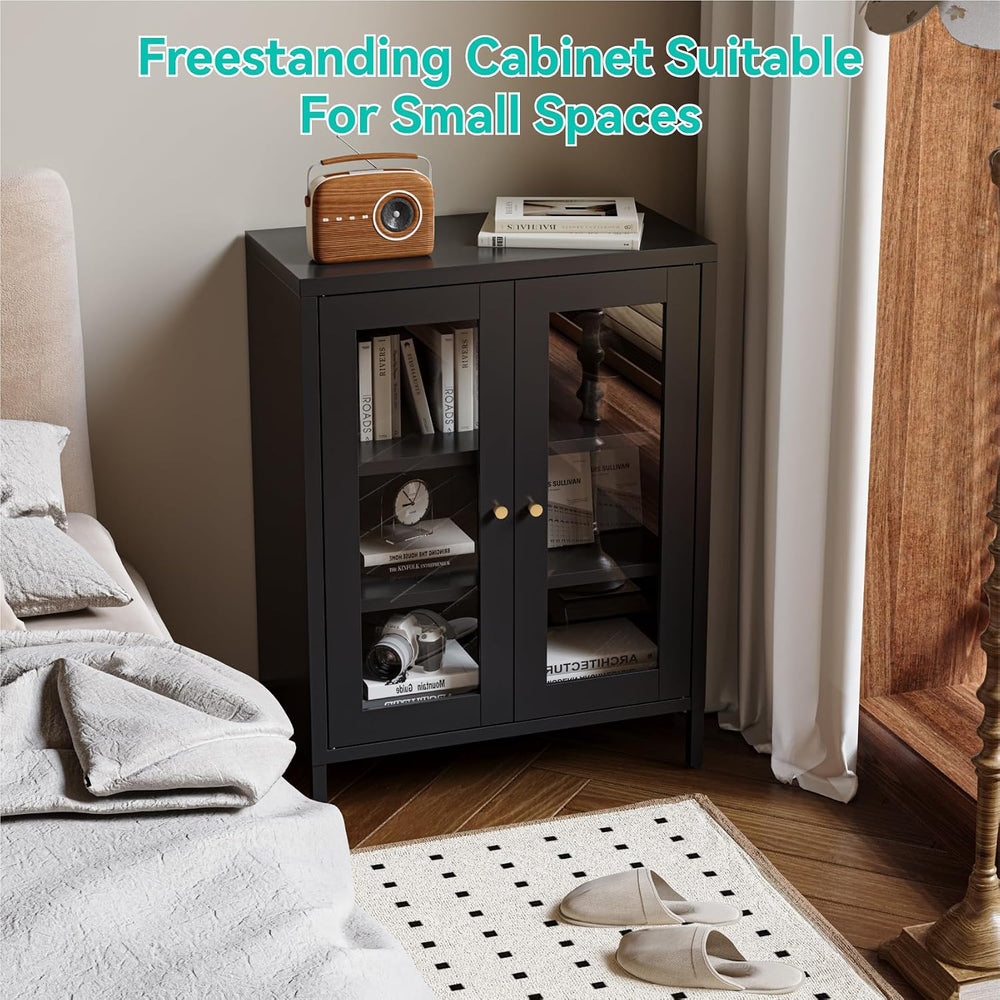 Small Metal Cabinet with Glass Doors,Display Storage Cabinet with 2 Adjustabl...