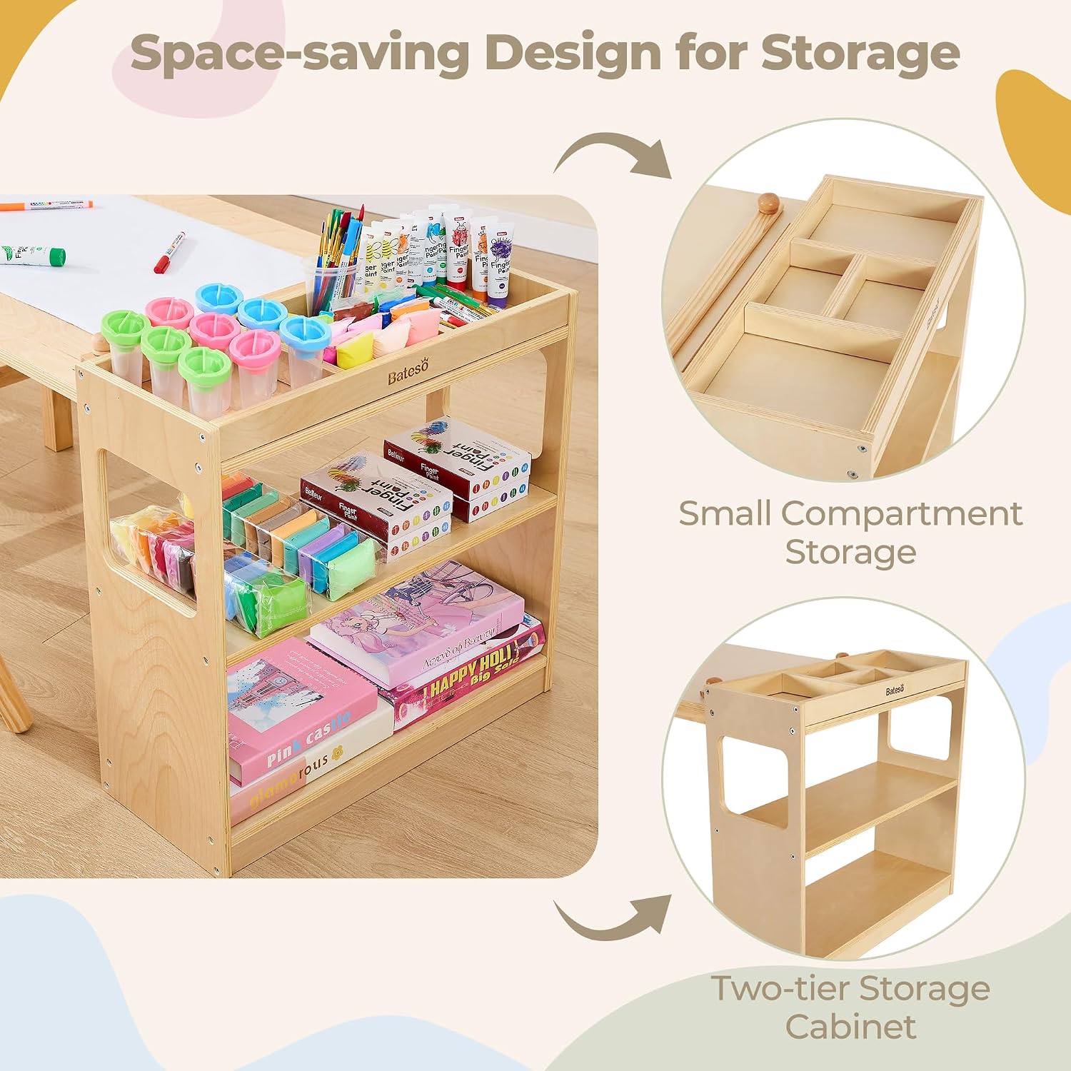 Bateso Kids Art Table and 2 Chairs Set with Roll Paper & Storage, Wooden Kid Craft Table for Drawing, Learning and Reading, Toddler Activity Play Desk for Home, Playroom or Classroom