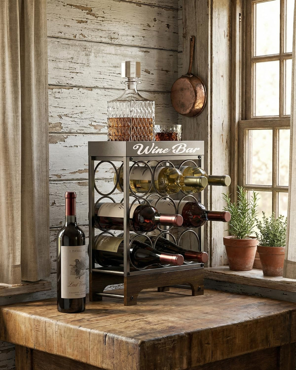 9 Bottles Wine Racks Countertop Freestanding with Top Tray, Modern Black Meta...