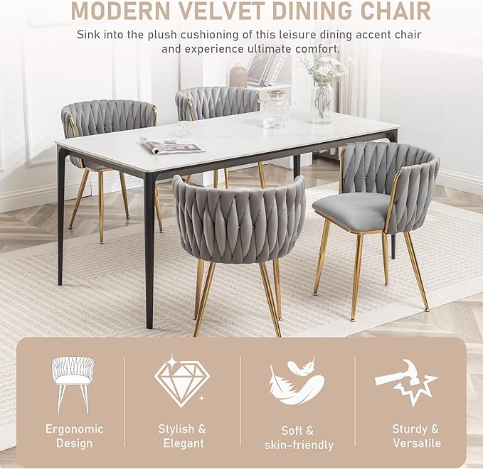 Kiztir Grey Velvet Dining Chairs Set of 4, Modern Upholstered Dining Room Chairs with Gold Metal Legs, Luxury Barrel Dining Chairs for Kitchen, Living Room, Restaurant