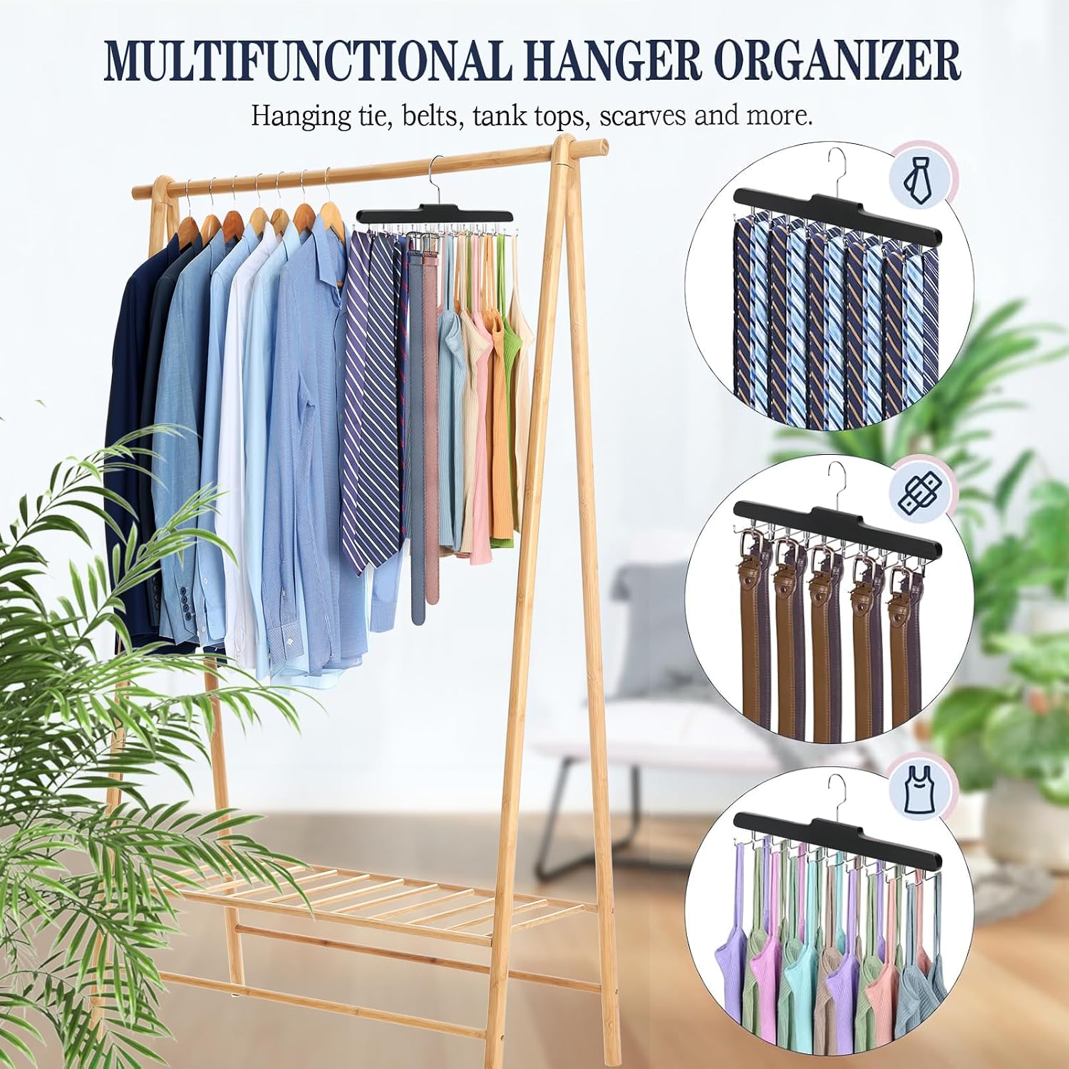 Tie Rack Hanger for Closet Fitnice Upgraded Non Slip Tie Holder Organizer Space Saving with 20 Foldable Hooks Wooden Belt Hanger for Tank Tops Bras Cami Scarves,Black