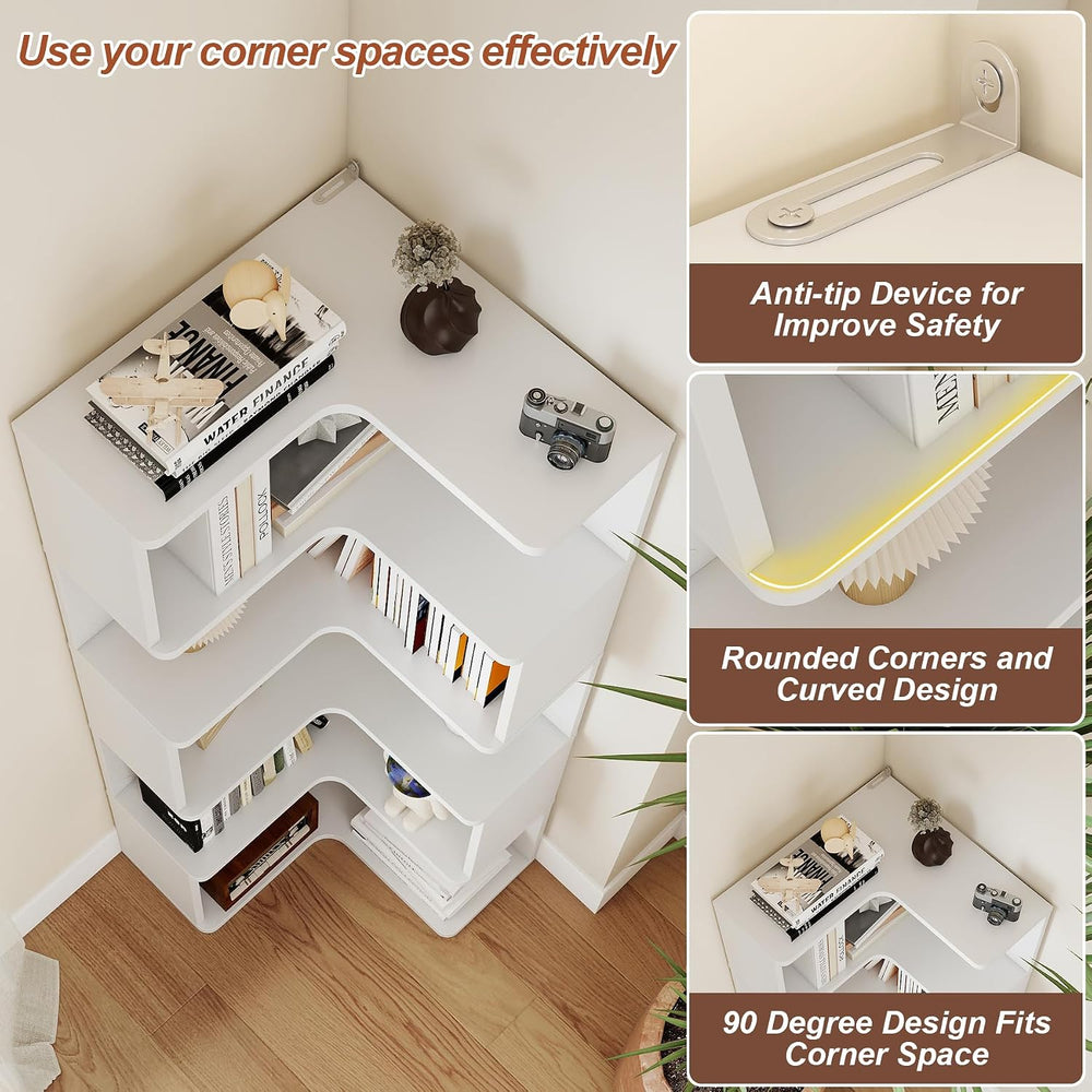 6-Tier Corner Bookshelf, 66" Tall L-Shaped Corner Shelf with Anti-Fall B...
