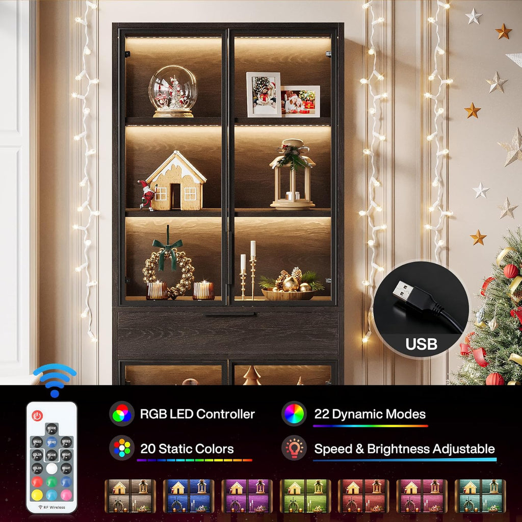 Tribesigns 71-inch Tall Display Cabinet with Doors, 5-Tier Curio Cabinet for Collectibles with LED Lights and Drawer, Display Case Bookcase with Shelves for Bedroom, Living Room, Office, Black