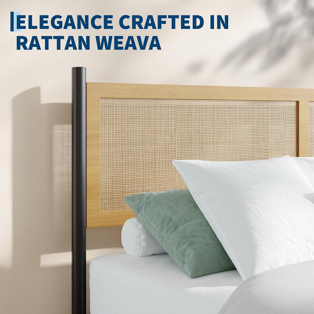 Rattan Queen Size Bed Frame, Wooden Platform Bed with Rattan Headboard
