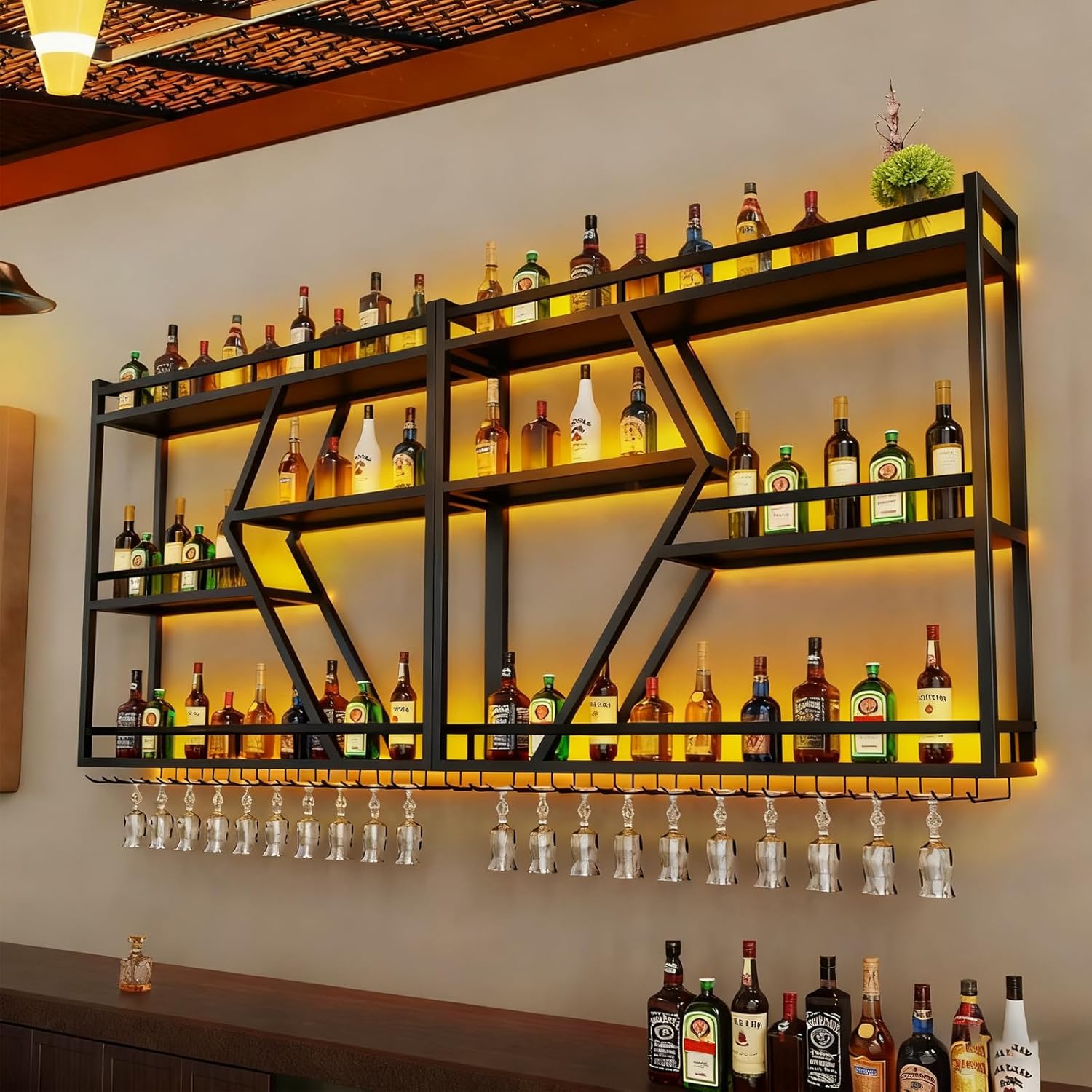 94.4in Wine Rack Wall Mounted, Modern Wine Storage Rack Wall Mounted with Wine Glass Holder, Liquor Shelf, Bar Shelves for Liquor Bottles (3TIERS Black, 94.48 * 7.87 * 33.85INCH)