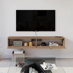 Solid Wood Floating TV Shelf, 55'' Wall Mounted TV Cabinet, Floating Shelves with 2 Doors, Wooden Mid-Century Entertainment Media Console Center Large Storage Under TV (Walnut)