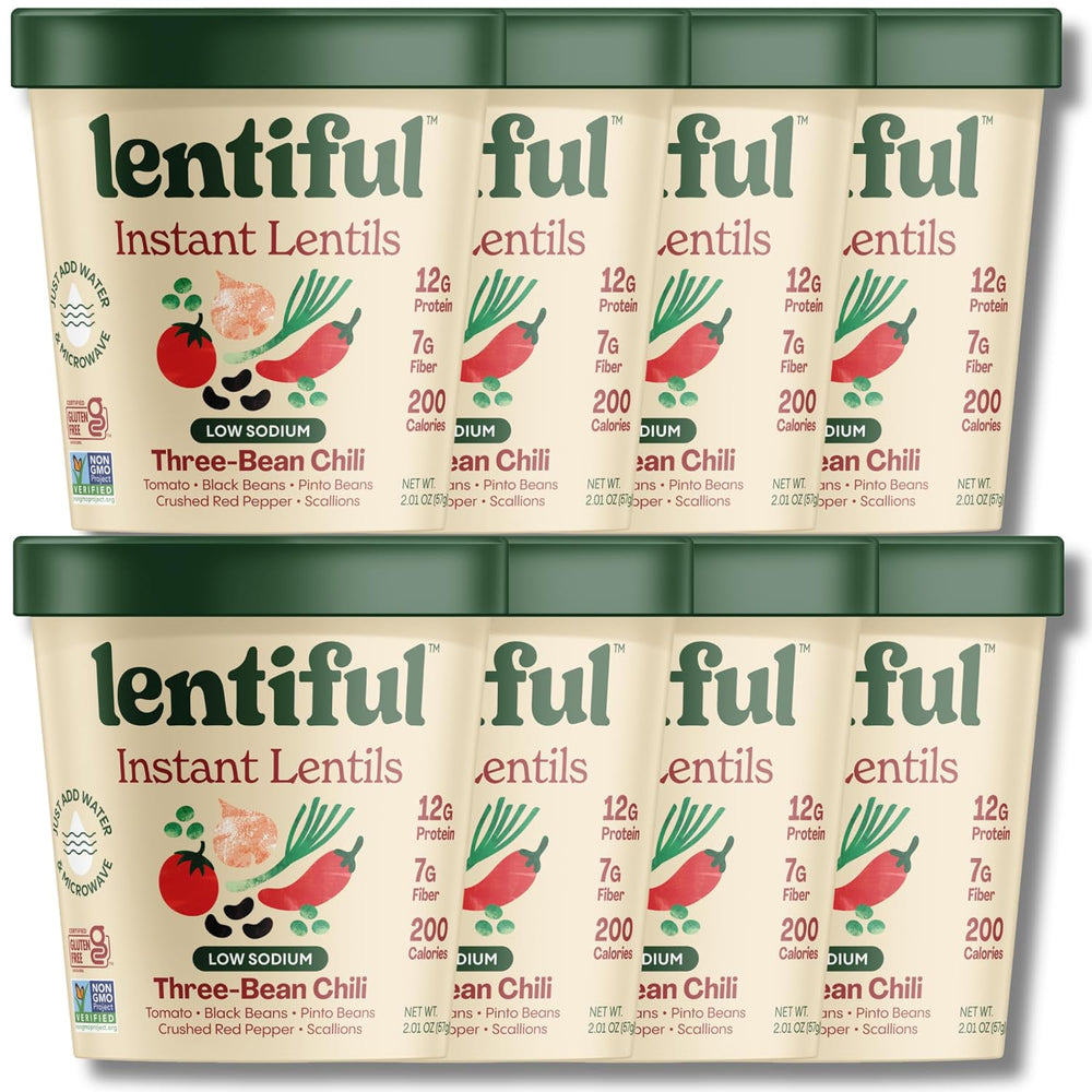Lentiful Low Sodium Three-Bean Chili Instant Lentil Cups, 8 Pack, Vegan